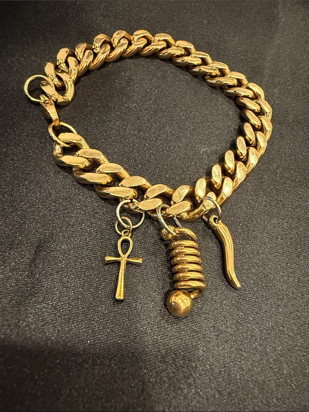 14k Gold Plated Sterling Silver Charm Curb Chain Bracelet w/ Ankh & Drop Charms